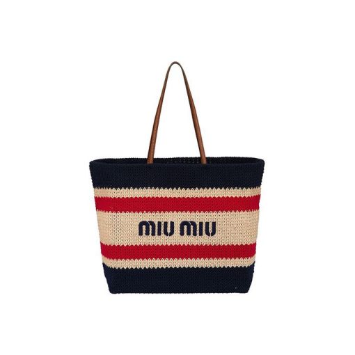 미우 미우 라피아 앤 코튼 토트백 베이지 블루 5BG2282DO3F075R #27*16*34cm