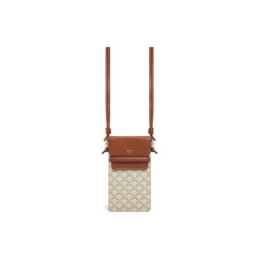 셀린느 트리옹프 캔버스 & 램스킨 플랩 폰 파우치 화이트 탄 10G332CQD-01TA #10*1*18cm