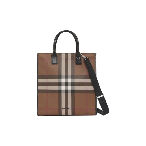 버버리 체크 레더 토트백 다크 버치 브라운 80491171 #35.5*15*37.5cm