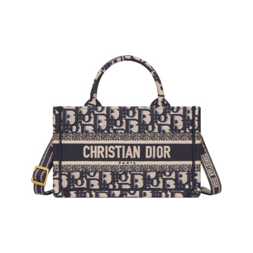디올 미니 북 토트백 스트랩 블루 베이지 오블리크 자수 S5573CRIW-M928 #21.5*13*7.5cm